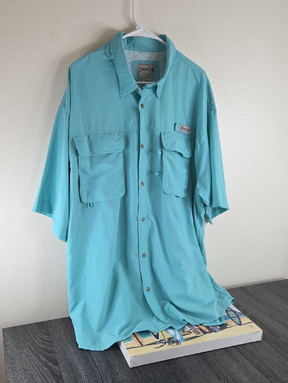 BIMINI BAY XXL Mens Fishing Shirt turquoise short-sleeve  button-up shirt UPF 35